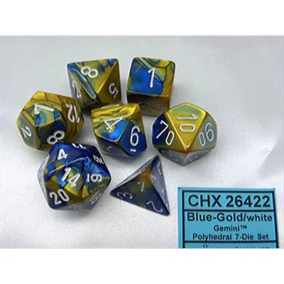 Chessex Manufacturing 26422 Cube Gemini Set Of 7 Dice - Blue & Gold With White Numbering