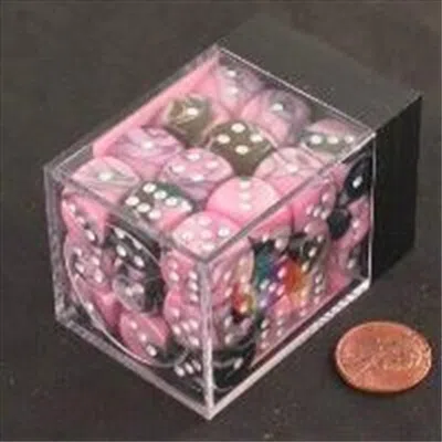 Chessex Manufacturing 26830 D6 Cube Gemini Set Of 36 Dice- 12 Mm - Black & Pink With White Numbering