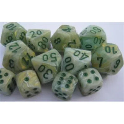 Chessex Manufacturing 27209 D10 Clamshell Set Of 10 Dice - Marble Green With Dark Green Numbering