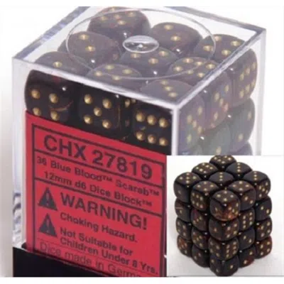 Chessex Manufacturing 27819 12 Mm Scarab Blue And Blood With Gold Numbers D6 Dice Set Of 36