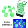 CHESSEX MANUFACTURING CUBE BOREALIS LUMINARY DICE, LIGHT GREEN WITH GOLD NUMBERS - SET OF 7