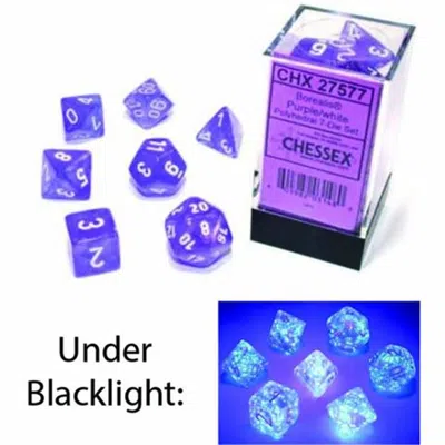 Chessex Manufacturing Cube Borealis Luminary Dice, Purple With White Numbers