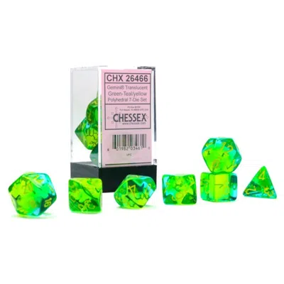 Chessex Manufacturing Cube Gemini Translucent Green & Teal Dice With Yellow Numbers Set Of 7