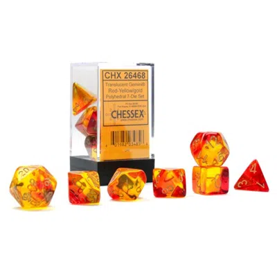 Chessex Manufacturing Cube Gemini Translucent Red & Yellow Dice With Gold Numbers Set Of 7