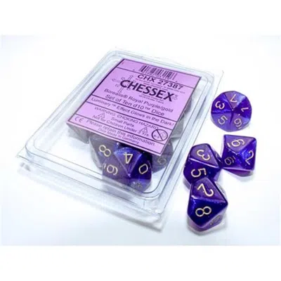 Chessex Manufacturing D10 Clamshell Borealis Luminary Dice, Royal Purple With Gold Numbers - Pack Of 10