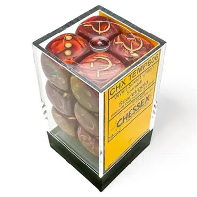 Chessex Manufacturing D6 Cube 16mm Opaque Ww2 Soviet Scarab Scarlet & Gold Dice - 12 Count