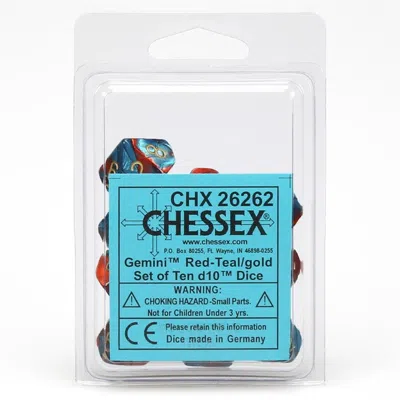 Chessex Manufacturing Red & Teal Gemini No.7 Gold Numbers D10 Dice - Set Of 10
