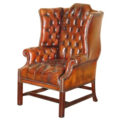 Pre-owned Chesterfield Antique Fully Restored Bordeaux Leather Tufted  Wingback Armchair In Brown