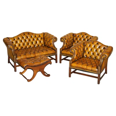 Pre-owned Chesterfield Antique Restored Brown Leather  Library Armchairs Sofa Stool Suite