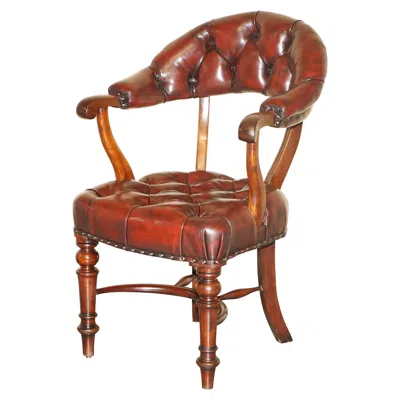 Pre-owned Chesterfield Antique Restored Leather William Iv Hardwood  Captains Armchair In Brown