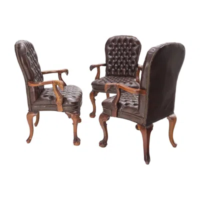 Pre-owned Chesterfield Brown Leather  Backs & Seat Carved Walnut Armchairs Fireside Chairs