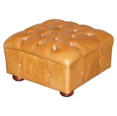 Pre-owned Chesterfield Brown Leather Tufted Square Footstool Vintage Biker Tan Leather