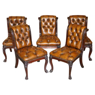 Pre-owned Chesterfield Circa 1845 C Hindley & Sons Lion Carved  Brown Leather Dining Chairs