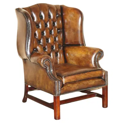 Pre-owned Chesterfield Comfortable Vintage Restored Brown Leather Tufted  Wingback Armchair