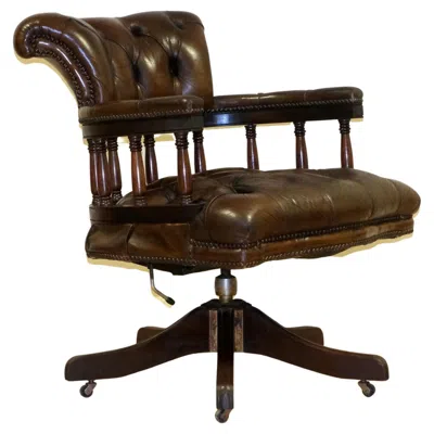 Pre-owned Chesterfield Conservative Restored Cigar Brown Leather Oak  Captains Armchair