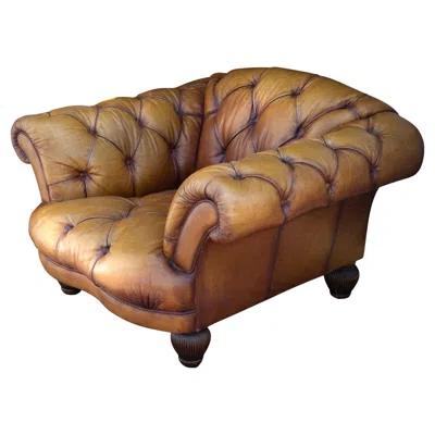 Pre-owned Chesterfield Designer Tan Leather Victorian Style  Club Chair & Footstool In Brown