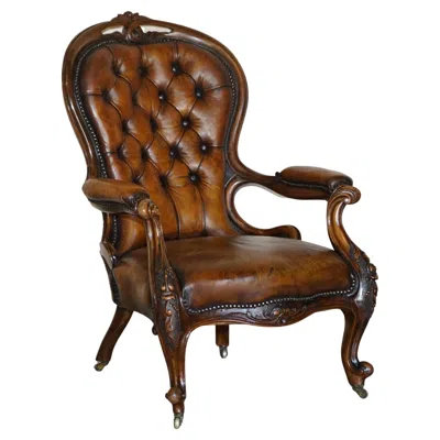 Pre-owned Chesterfield Fine Antique Show Framed Victorian  Brown Leather Library Armchair