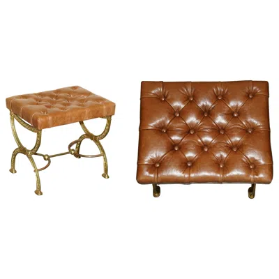 Pre-owned Chesterfield Fine Antique Victorian Brass Show Frame  Brown Leather Footstool