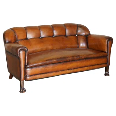Pre-owned Chesterfield Fine Antique Victorian Brown Leather  Sofa Oak Lions Hairy Paw Feet
