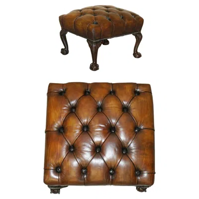 Pre-owned Chesterfield Fine Antique Victorian Claw & Ball Brown Leather Restored  Footstool