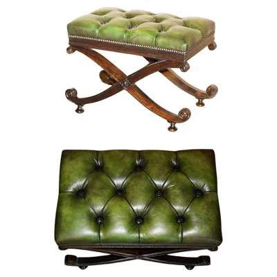 Pre-owned Chesterfield Fine Antique Victorian Green Leather Restored  Tufted Footstool