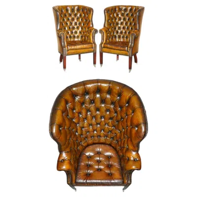 Pre-owned Chesterfield Fine Fully Restored Pair Of Brown Leather  Porters Wingback Armchair