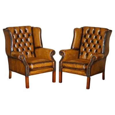 Pre-owned Chesterfield Fine Pair Of Comfortable Restored  Wingback Brown Leather Armchairs