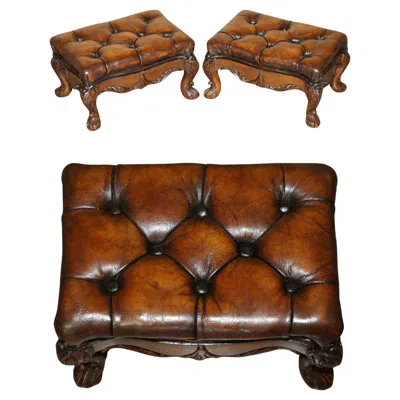 Pre-owned Chesterfield Fine Pair Of Ornate Hand Carved Victorian Brown Leather  Footstools