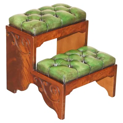 Pre-owned Chesterfield Fully Restored Antique Flamed Hardwood Green Leather  Library Steps