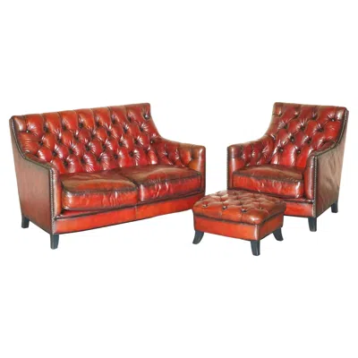 Pre-owned Chesterfield Fully Restored Hand Dyed Bordeaux Leather  Suite Armchair & Sofa In Brown
