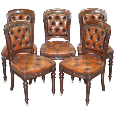 Pre-owned Chesterfield Fully Restored Suite Of Five  Brown Leather & Hardwood Dining Chairs