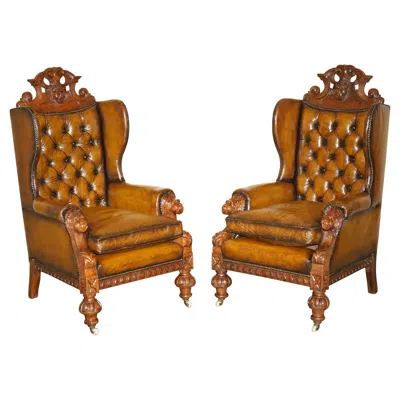 Pre-owned Chesterfield Huge Pair Of Antique Victorian Lion Carved  Brown Leather Armchairs
