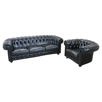 Pre-owned Chesterfield Italian Sofa And Armchair In The Style Of , Circa 1980s In Black