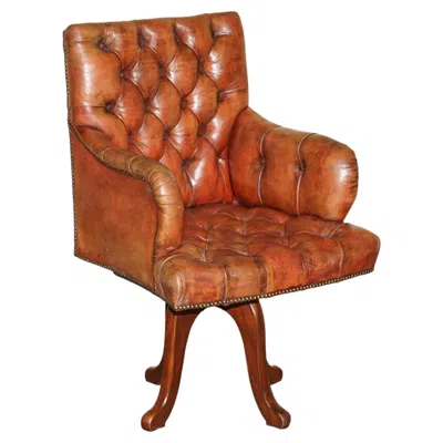 Pre-owned Chesterfield Lovely Antique Victorian  Tufted Cigar Brown Leather Captains Chair