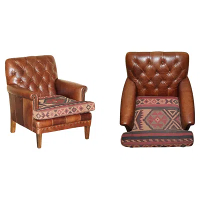 Pre-owned Chesterfield Lovely Brown Leather  Tufted Kilim Upholstered Library Armchair