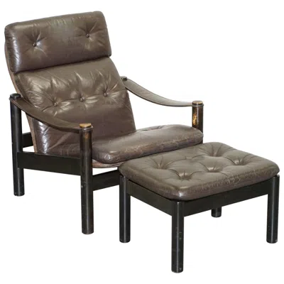 Pre-owned Chesterfield Lovely Danish Brown Leather Mid-century Modern Armchair &  Footstool