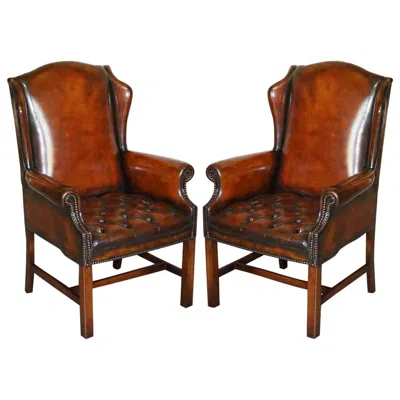 Pre-owned Chesterfield Luxury Pair Of Restored Hand Dyed Brown Leather  Wingback Armchairs