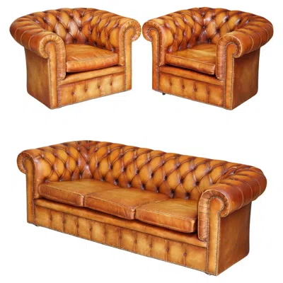 Pre-owned Chesterfield Old  Club Three Piece Sofa & Pair Of Armchairs Suite Brown Leather