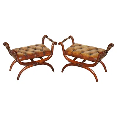 Pre-owned Chesterfield Pair Of Antique Brown Leather  Tufted Regency Framed Footstools