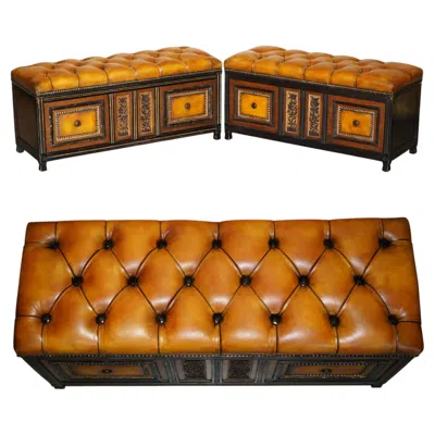 Pre-owned Chesterfield Pair Of Antique Fully Restored  Brown Leather Ottoman Trunks Stools