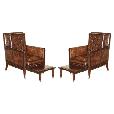 Pre-owned Chesterfield Pair Of Antique Regency Brown Leather  Armchairs Extending Stools