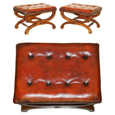Pre-owned Chesterfield Pair Of Antique Regency Brown Leather  Baron X Framed Footstools