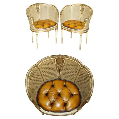 Pre-owned Chesterfield Pair Of Antique Restored  Leather French Cir 1880 Bergere Armchairs In Brown
