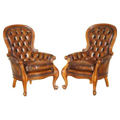 Pre-owned Chesterfield Pair Of Antique Show Framed Victorian  Brown Leather Armchairs