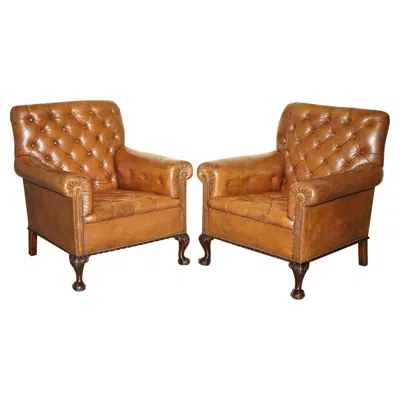 Pre-owned Chesterfield Pair Of Antique Victorian  Brown Leather Armchairs Claw & Ball Feet