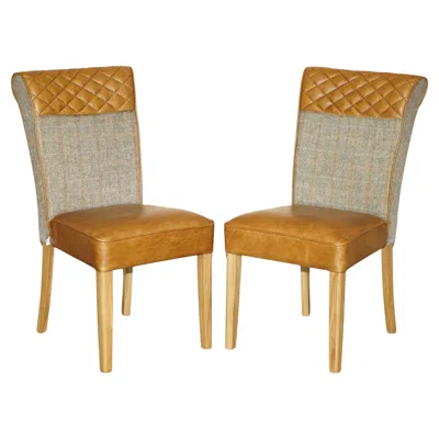 Pre-owned Chesterfield Pair Of  Harris Tweed Brown Leather Hall Chairs Part Of Large Suite