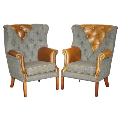 Pre-owned Chesterfield Pair Of  Porters Harris Tweed Brown Leather Armchairs Part Of Suite