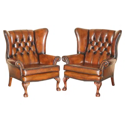 Pre-owned Chesterfield Pair Of Claw & Ball Feet  Tufted Brown Leather Wingback Armchairs