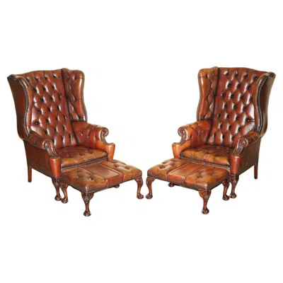 Pre-owned Chesterfield Pair Of Fully Restored  Claw & Ball Feet Wingback Armchairs & Stools In Brown