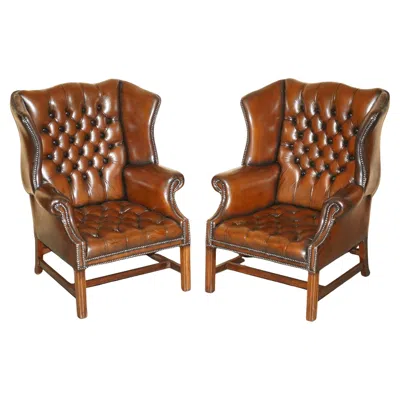 Pre-owned Chesterfield Pair Of Fully Restored Georgian H Framed  Tufted Wingback Armchairs In Brown